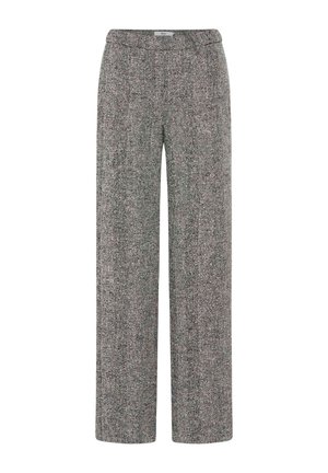 Grijze broek met een visgraatpatroon en een wijde pijp, met een platte tailleband en een stofstructuur die zacht en gestructureerd lijkt.