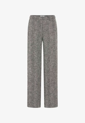 Pantaloni grigi a motivi a spina di pesce con una linea ampia, dotati di una vita piatta e una trama del tessuto che appare morbida e strutturata.