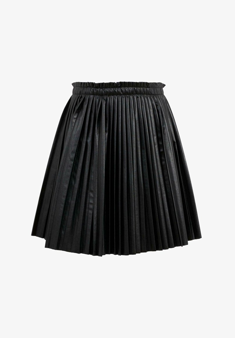 Jupe plissée noire en simili cuir avec une taille froncée et des plis verticaux, présentant une texture lisse et sans embellissements supplémentaires.