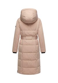 Padded coat in soft pink fabric, featuring a hood, belted waist, and elastic cuffs. The back displays a quilted pattern and mid-length design.