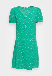 Vestido verde com decote em V, mangas bufantes e padrões florais brancos. Apresenta botões na frente e um corte descontraído, feito de tecido leve.