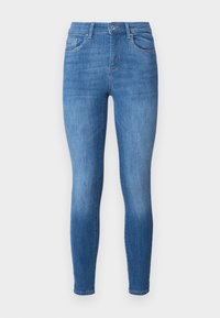 Smaljeans i medium blå denim, med høy midje, fem lommer, lys vask og en enkelt knappelukkning i midjen.