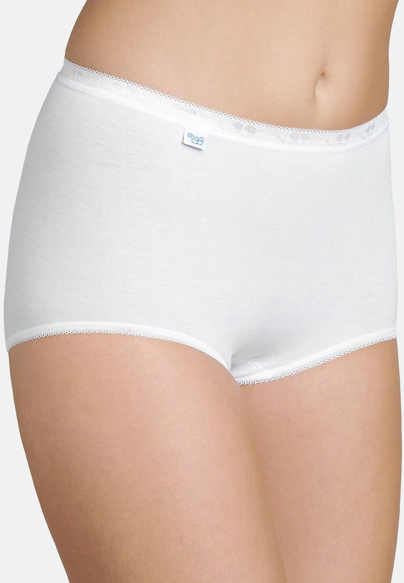 Weiße Baumwoll-Hipster-Unterhosen mit einer zarten Spitze am Bund. Weicher Stoff mit mittelhohem Schnitt. Markenlogo sichtbar.