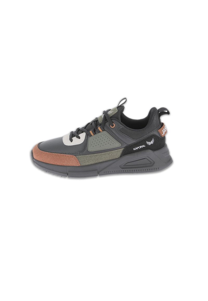 Black, gray, and brown Kaporal sneaker with lace-up design, textured panels, and branded details on the side and heel tab.