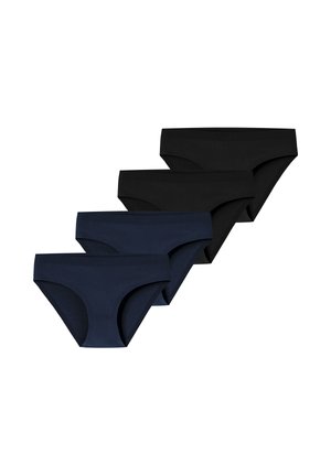 Quatre culottes bikini en coton pour femmes en noir et bleu marine, disposées en diagonale sur un fond blanc.