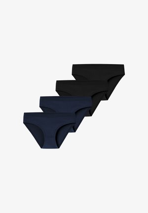 Quatre culottes bikini en coton pour femmes en noir et bleu marine, disposées en diagonale sur un fond blanc.