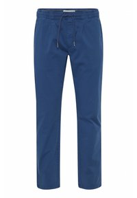 Niebieskie bawełniane spodnie z elastycznym paskiem i sznurkiem do wiązania. Posiadają boczne kieszenie oraz prosty krój nogawek. Gładka faktura.