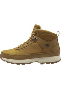 Botas de senderismo impermeables de color marrón con una parte superior de cuero suave, acentos de malla, cuello texturizado, ojales de metal y suela de goma para tracción.
