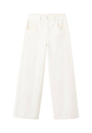 Pantaloni a gamba larga, color crema, in denim, con due tasche frontali e chiusura con bottone. Tessuto liscio con linee pulite e dettagli minimalisti.