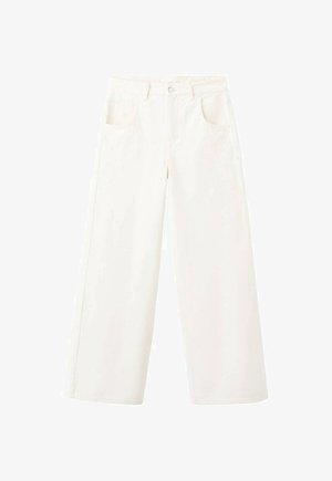 Pantaloni a gamba larga, color crema, in denim, con due tasche frontali e chiusura con bottone. Tessuto liscio con linee pulite e dettagli minimalisti.