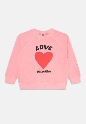 Rosa langermet sweatshirt med rødt hjerte og teksten "LOVE" over og "JELLYMALLOW" under hjertet foran.