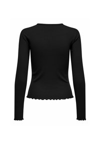 Top negro de manga larga hecho de material acanalado, con escote redondo y dobladillo con volantes. Textura suave con un diseño ajustado.