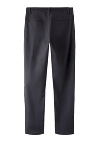 Dark gray trousers featuring a straight design, dual back pockets, and a smooth texture. Constructed from a durable material.