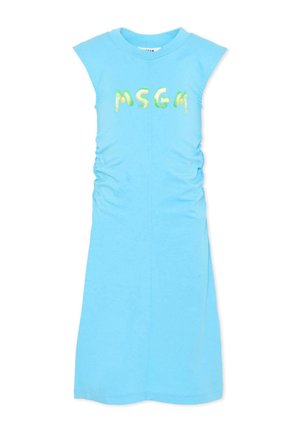 Vestito azzurro chiaro senza maniche con lievi arricciature ai lati e scritta colorata "MSGM" stampata sul petto.
