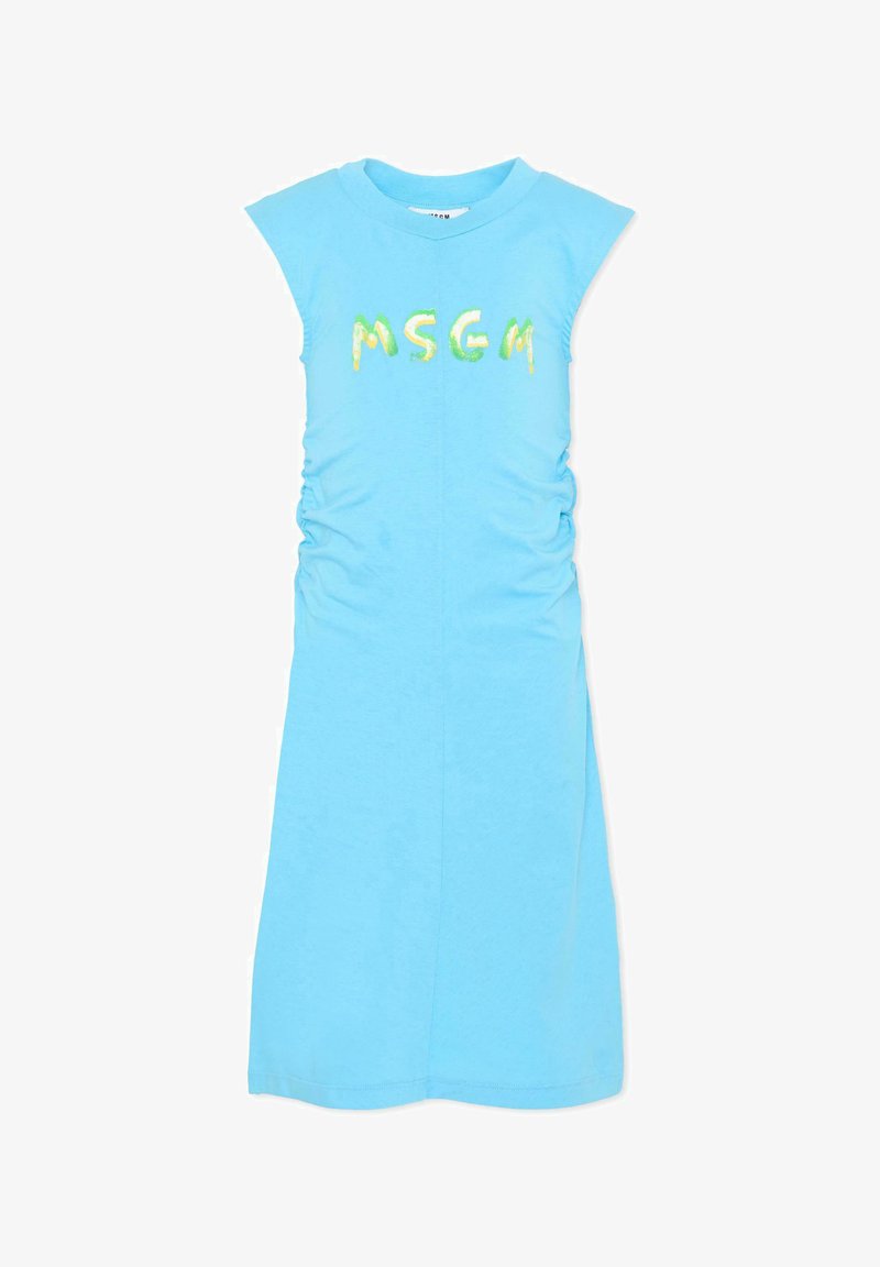 Robe bleu clair sans manches avec fronces latérales légères et texte coloré "MSGM" imprimé sur la poitrine.