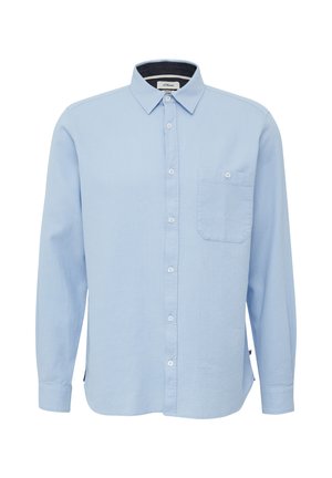 Helles Blaues Langarmhemd aus strukturiertem Stoff, mit Button-Down-Kragen, Fronttasche und weißen Knöpfen.