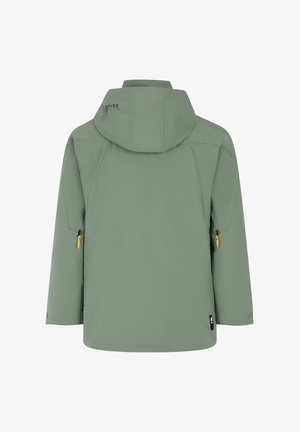 Zelena vodootporna jakna s kapu, s glatkom teksturom, bočnim patentnim zatvaračima s narančastim detaljima i logotipom na leđima.