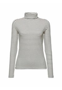 Weißes Longsleeve mit Rollkragen und schwarzen Horizontalstreifen, ausgestattet mit einer gerippten Textur und taillierter Silhouette. Keine weiteren Details.