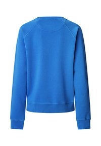 Felpa blu con scollatura tonda, polsini e orlo a costine. Presenta una superficie liscia e maniche raglan per facilitare i movimenti.