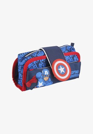 Blue and red pencil case featuring a superhero graphic, zip closures, and a circular accent with a star. Made of durable fabric.