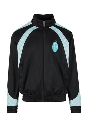 Svart zip-up jacka med turkosa geometriska mönsterdetaljer, hög krage, elastiska ärmslutar och en logotypdetalj framtill.