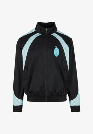 Czarna kurtka zapinana na zamek z turkusowymi akcentami w geometryczny wzór, wysokim kołnierzem, elastycznymi mankietami oraz detalem logo z przodu.