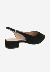 Black suede slingback shoe with a rounded toe and a small block heel. Features a buckle strap and a smooth interior lining.