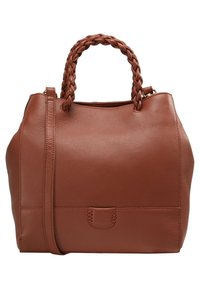 Bruine leren handtas met gevlochten bovenhandvatten, een gladde textuur, een ruime opzet en een subtiele accent van gestikte details aan de voorkant.