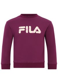 Felpa color bordeaux realizzata in tessuto satinato, caratterizzata da un grande logo "FILA" color crema chiaro con punti rosa sulla parte anteriore. Collo tondo e polsini a costine.
