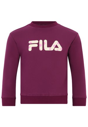 Felpa color bordeaux realizzata in tessuto satinato, caratterizzata da un grande logo "FILA" color crema chiaro con punti rosa sulla parte anteriore. Collo tondo e polsini a costine.