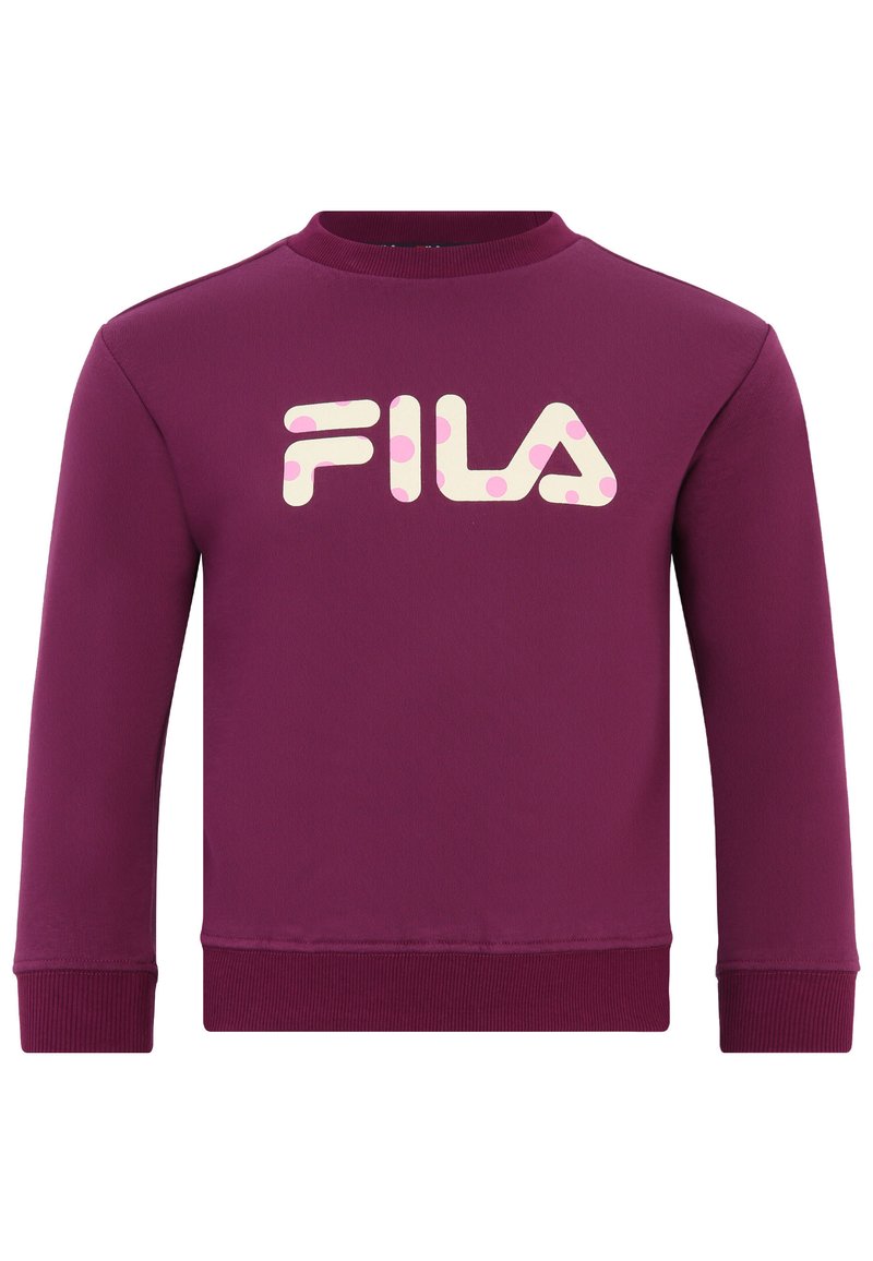Felpa color bordeaux realizzata in tessuto satinato, caratterizzata da un grande logo "FILA" color crema chiaro con punti rosa sulla parte anteriore. Collo tondo e polsini a costine.