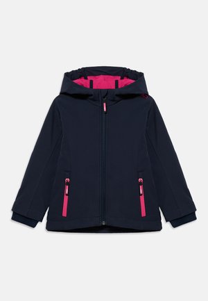 Veste à capuche bleu marine avec doublure intérieure rose vif, fermeture éclair frontale et deux poches zippées soulignées de rose à l'avant.