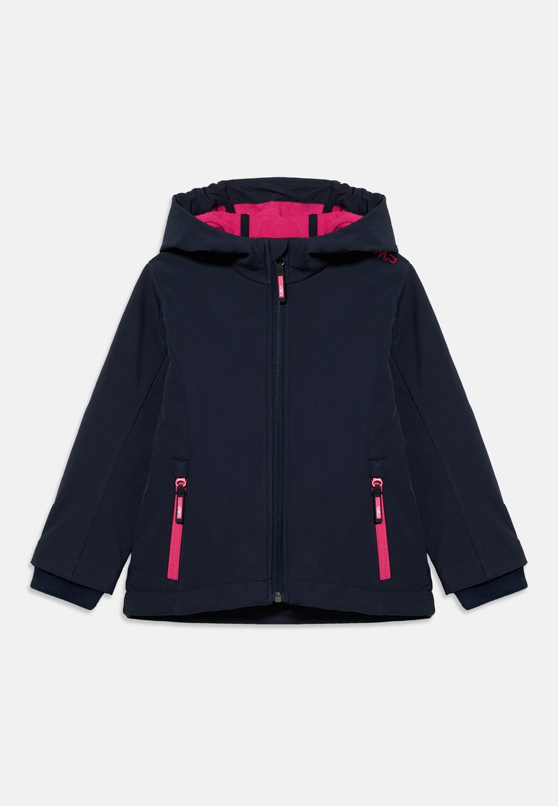 Veste à capuche bleu marine avec doublure intérieure rose vif, fermeture éclair frontale et deux poches zippées soulignées de rose à l'avant.