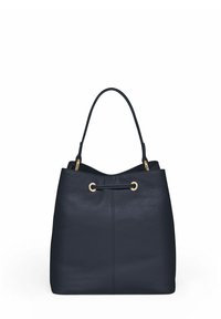 Zwarte leren tote bag met een enkele handgreep en gouden oogjes aan de voorkant, met een subtiele geribbelde textuur.