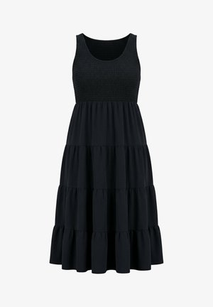 Czarna, bezrękawnikowa sukienka midi z dopasowanym gorsetem z marszczeniem i warstwową, zwiewną spódnicą, zaprojektowana na co dzień lub półoficjalne wyjścia.