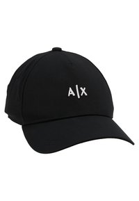 Gorra de béisbol negra hecha de algodón, con visera curva y logotipo bordado en blanco "A/X" en la parte frontal. Textura suave en toda su superficie.