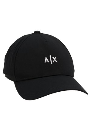 Cappellino da baseball nero in cotone, con visiera curva e logo ricamato bianco "A/X" sul fronte. Texture liscia in tutto il materiale.