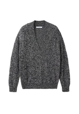 Cardigan tricoté chiné gris et noir à manches longues, encolure en V, avec poignets et ourlet côtelés, étalé à plat sur fond blanc.