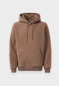 Brown fleece hoodie with front kangaroo pocket, drawstring hood, and ribbed cuffs and hem, displayed on a plain background.