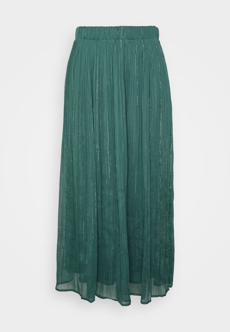 Jupe midi plissée verte avec de fines rayures métalliques verticales et une taille élastiquée.