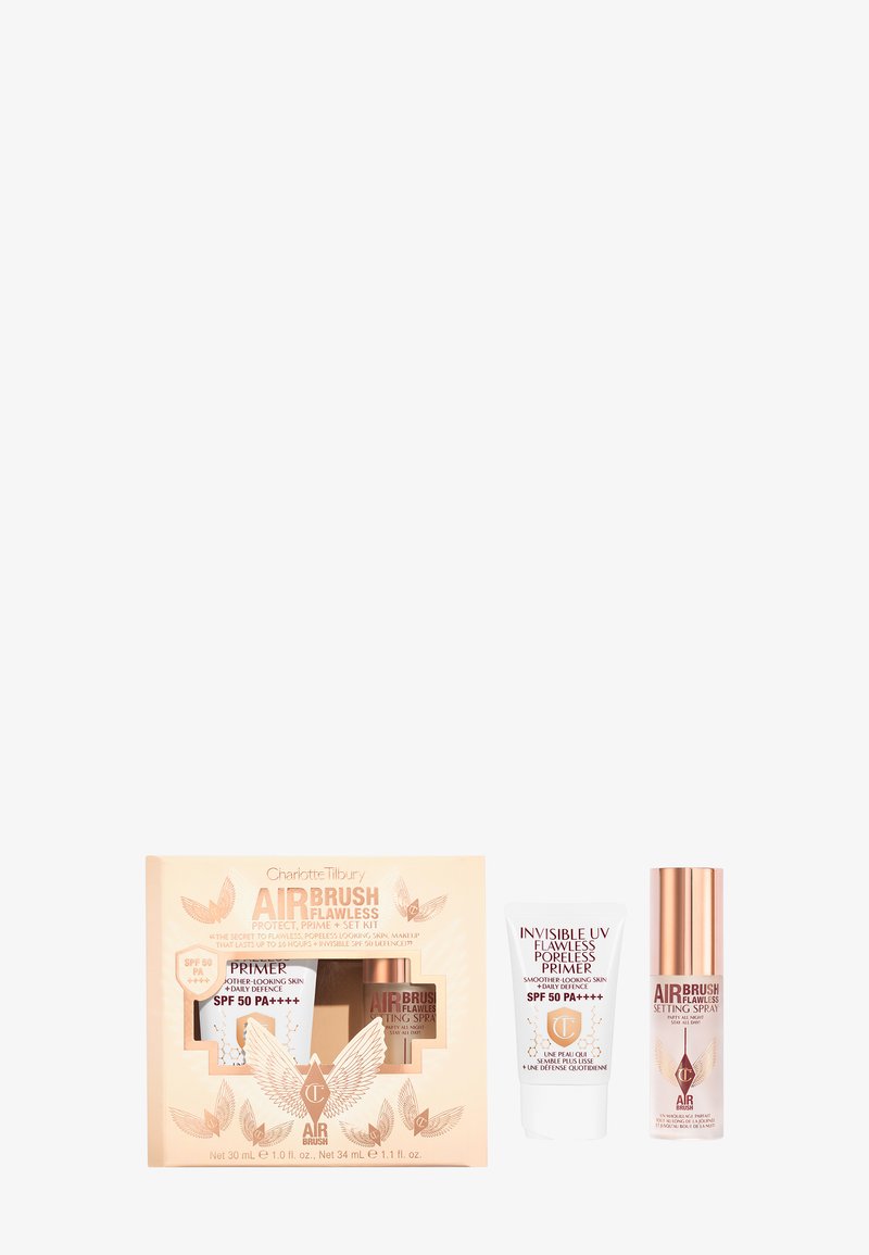 Kit Airbrush Flawless Protect, Prime & Set in packaging color pescato chiaro; include primer e spray fissante con accenti dorati.