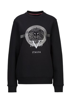 Zwarte sweatshirts van katoen, met een zilveren leeuwafbeelding en geometrische patronen. Geribde ronde hals en manchetten verbeteren de duurzaamheid.