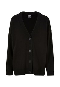 Czarny kardigan z dekoltem w serek, prążkowanym kołnierzem i mankietami oraz sześcioma guzikami, wykonany z miękkiej dzianiny o luźnym kroju.