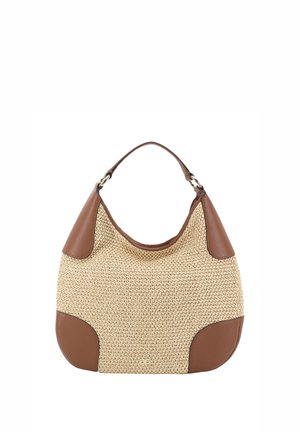 Beige gewebte Handtasche mit braunem Lederbesatz und Griff, abgerundeter Form und goldfarbenen Beschlägen.