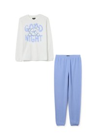 Pijama de manga larga blanca con texto azul "BUENAS NOCHES" y gráfico de un oso, combinado con pantalones de cintura elástica en azul claro. Material suave.