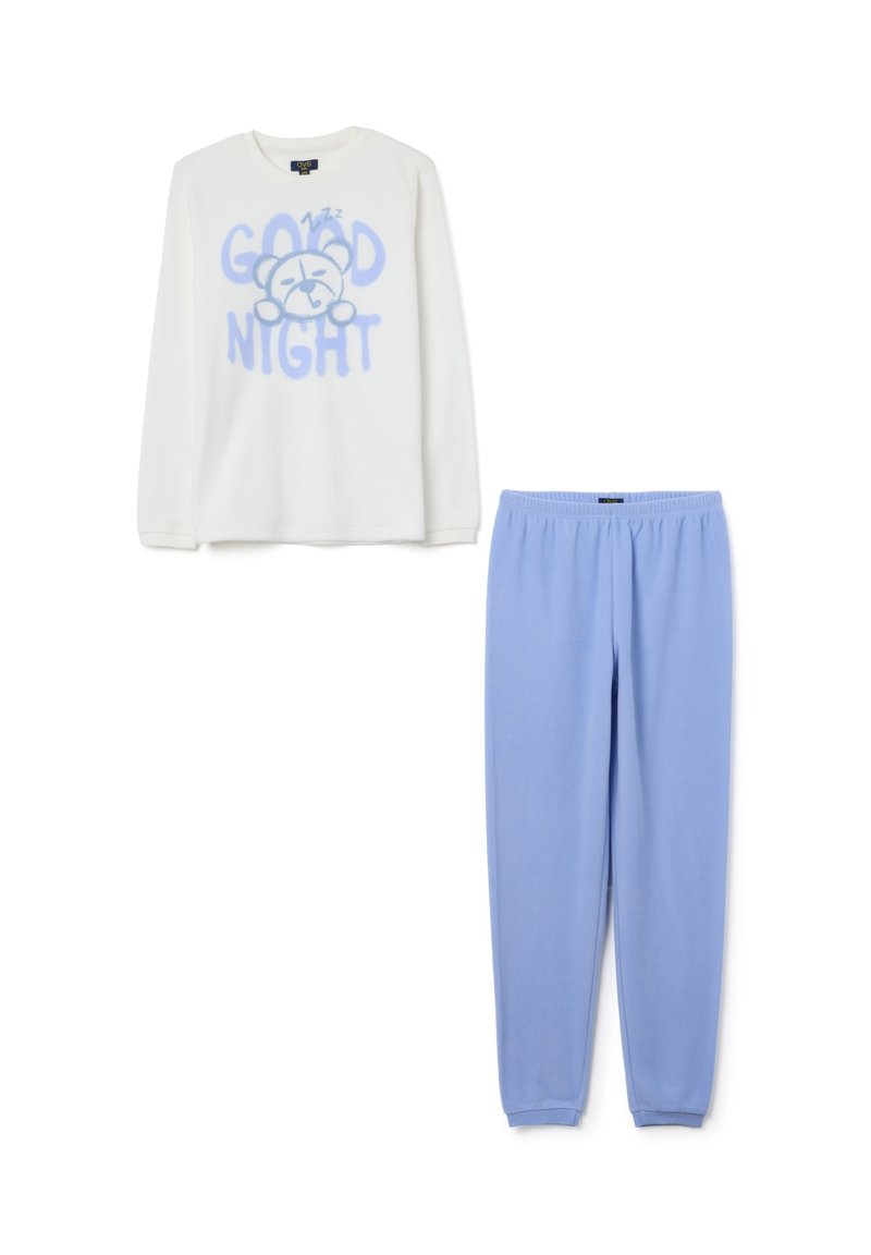Pijama de manga larga blanca con texto azul "BUENAS NOCHES" y gráfico de un oso, combinado con pantalones de cintura elástica en azul claro. Material suave.