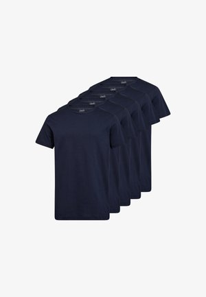 Fem marineblå bomulds t-shirts med korte ærmer, rund halsudskæring og en glat tekstur, på rad.