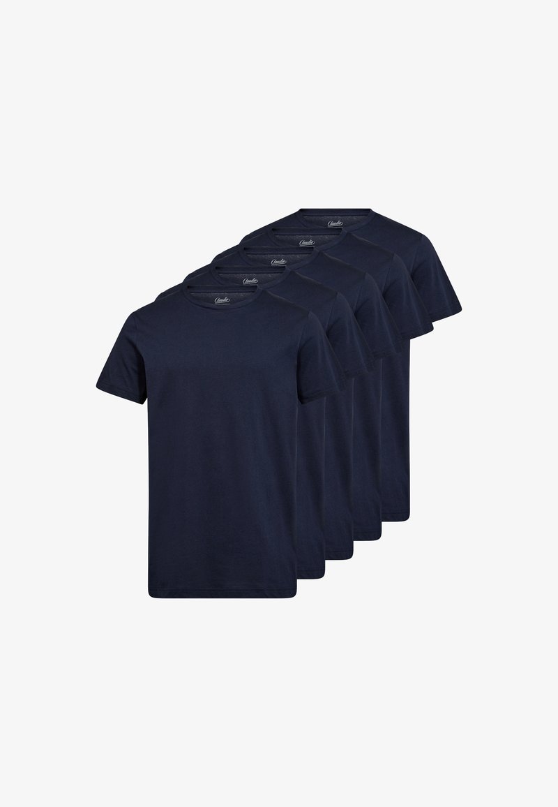 Fünf marineblaue Baumwoll-T-Shirts mit kurzen Ärmeln, Rundhalsausschnitten und glatter Textur, in einer Reihe angeordnet.