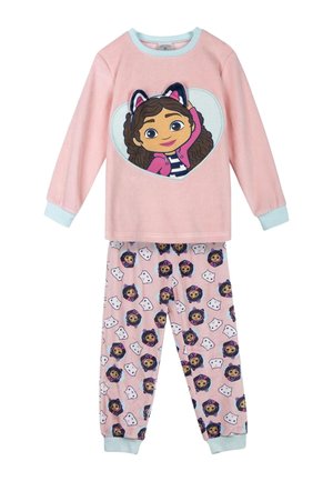 Set di pigiama rosa a manica lunga per bambini con una ragazza dei cartoni animati che indossa orecchie da gatto sulla parte superiore e pantaloni coordinati con volti e teste di gatto dei cartoni animati ripetuti.