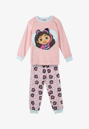 Ensemble pyjama rose à manches longues pour enfants avec une fille dessin animé portant des oreilles de chat sur le haut et un pantalon assorti avec des visages et des têtes de chat dessin animé répétitifs.